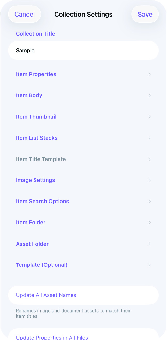 Collection Settings with Advance Settings on