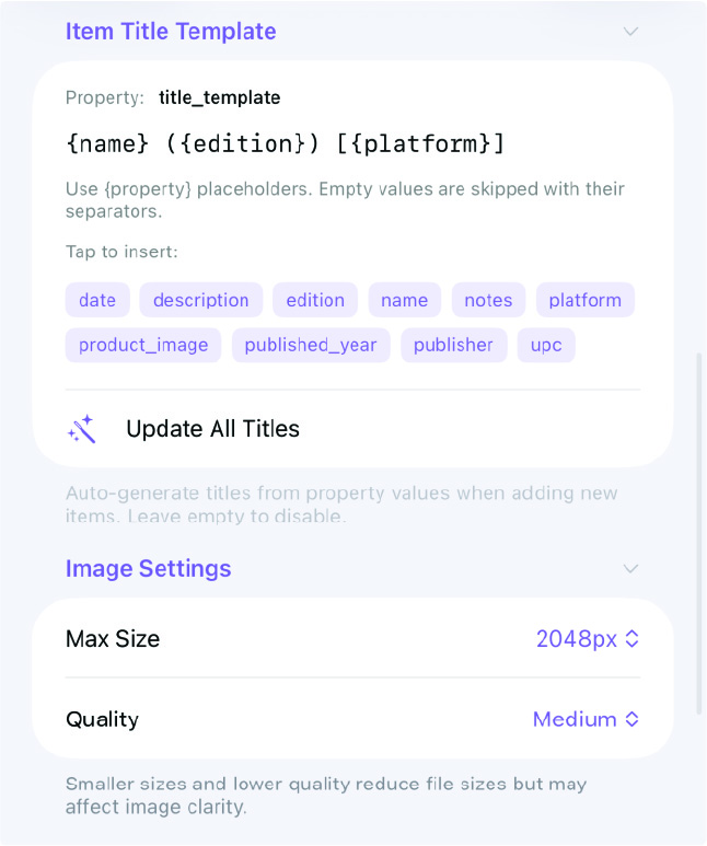 Title template, image settings, and search options